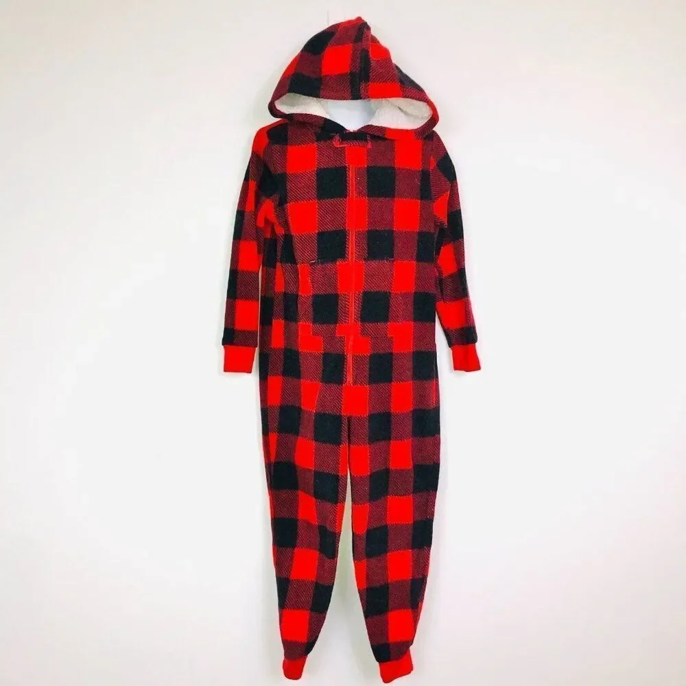 Gymboree Girls 5-6 Pajamas Red Buffalo Plaid Winter One Piece Open Foot Hooded